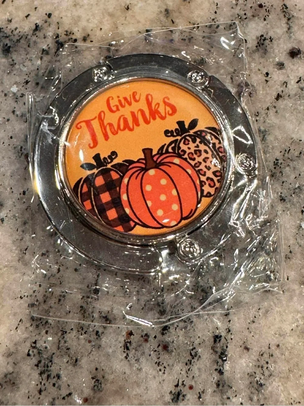 Give Thanks Pumpkin Themed Purse Hooks - Orange and Brown (Set of 3)
